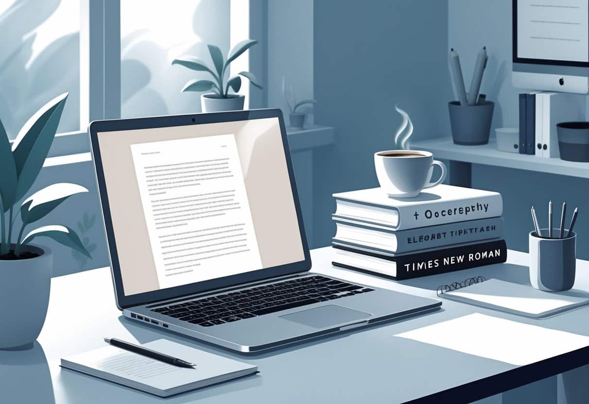 A tidy workspace with a laptop, coffee cup, books, and a plant on a desk, suggesting a setting for writing a cover letter.