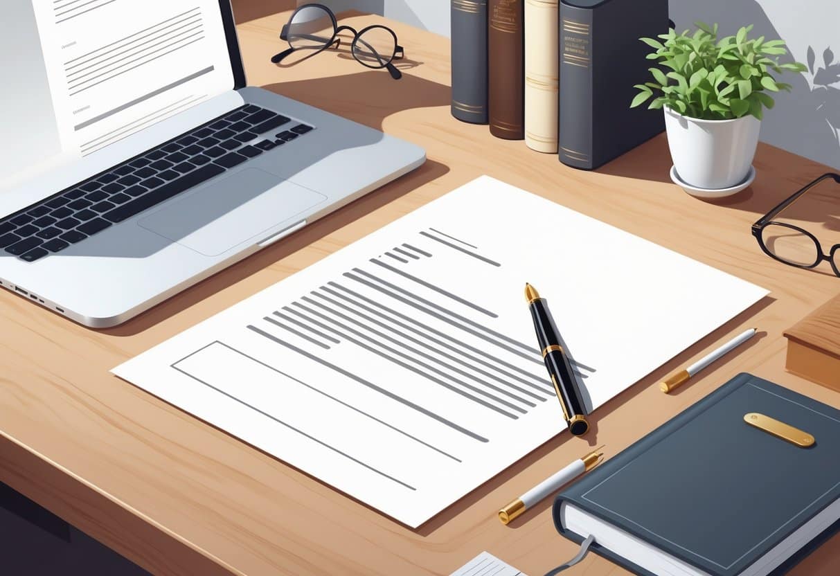 A tidy workspace with a laptop, fountain pen on paper, reading glasses, a small plant, and stacked books on a wooden desk.