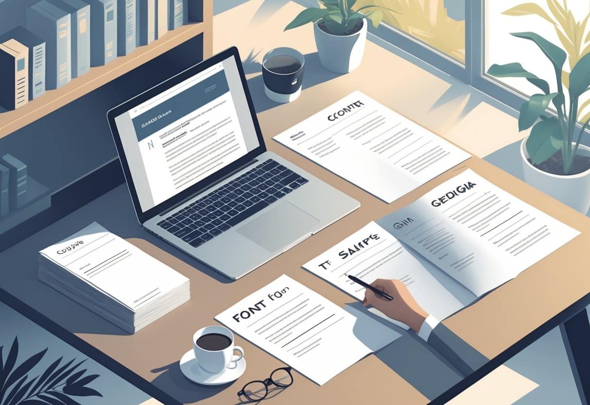 A tidy workspace with a laptop, coffee cup, glasses, font sample sheets, and a bookshelf in the background.