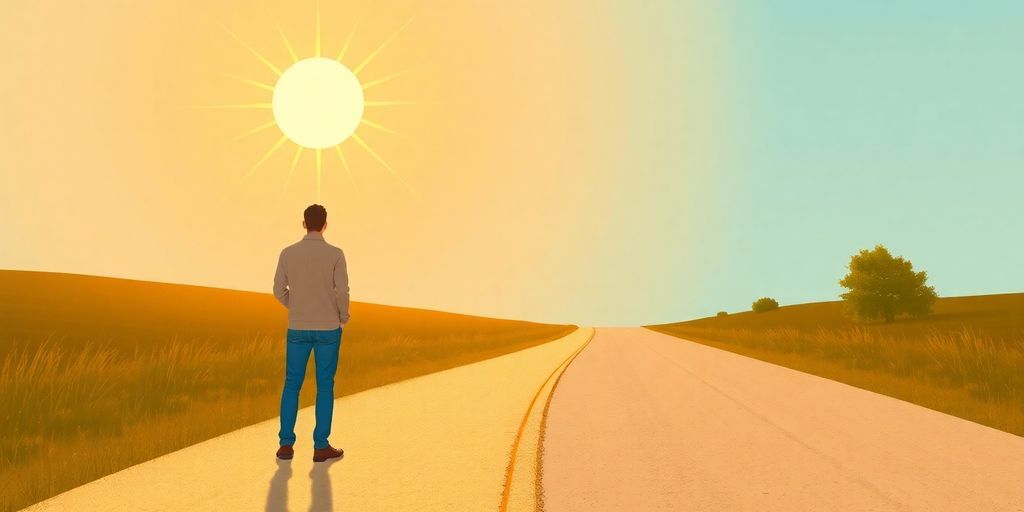 Person looking thoughtfully at a crossroads with vibrant paths.