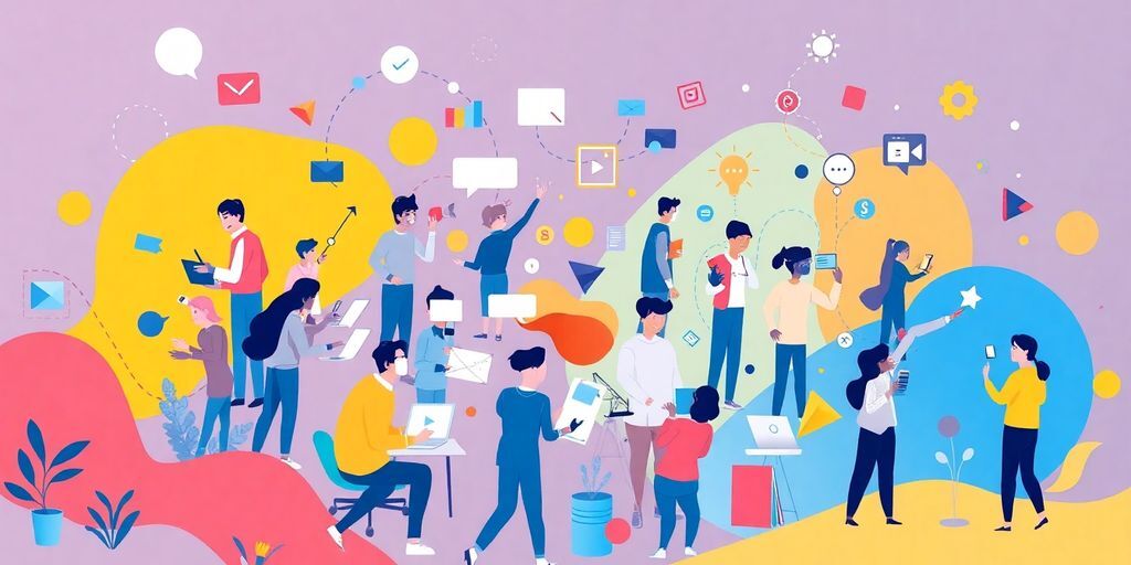 Diverse creative professionals collaborating around digital content.