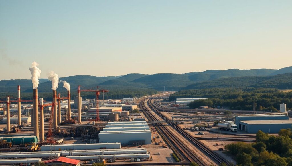 A bustling industrial landscape in the heart of Sandy Hook, Kentucky. In the foreground, factories and warehouses stand tall, their smokestacks billowing gray plumes against a crisp, azure sky. Towering cranes and forklifts dot the scene, highlighting the thriving manufacturing and logistics sectors. In the middle ground, a network of roads and railways connect the various facilities, facilitating the flow of goods and materials. In the background, rolling hills and lush forests frame the industrious setting, showcasing the region's natural beauty and resources. The scene is illuminated by warm, diffused lighting, creating a sense of productivity and prosperity. Captured with a wide-angle lens, the image conveys the scale and importance of Sandy Hook's diverse industry sectors.