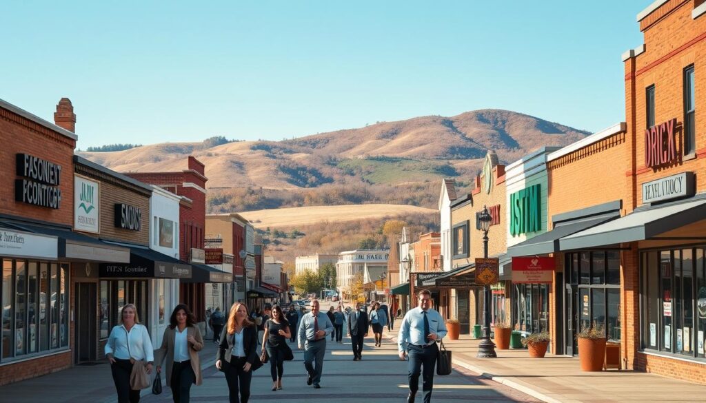 A bustling town center in Sandy Hook, Kentucky, with a diverse job market reflected in the storefronts and signage. In the foreground, professionals stroll past local businesses, each conveying a sense of purpose and opportunity. The middle ground features a mix of modern office buildings and traditional storefronts, hinting at the town's balance of old and new. In the background, rolling hills and a clear blue sky create a picturesque setting, suggesting the town's scenic, rural environment. The lighting is soft and natural, casting a warm glow over the scene and highlighting the town's vibrant energy. The overall atmosphere conveys a thriving, dynamic job market with a range of employment options for the local community.