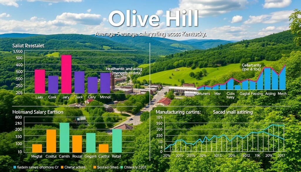 A detailed, data-driven infographic depicting the average salary ranges across various industries in Olive Hill, Kentucky. Set against a backdrop of the town's picturesque rolling hills and lush greenery, the image showcases vibrant bar graphs and line charts illustrating the comparative earnings in sectors such as healthcare, manufacturing, retail, and education. Rendered in a clean, modern aesthetic with a sophisticated color palette, the visualization provides a comprehensive overview of the local job market and cost of living, conveying the economic landscape of this quaint Appalachian community.