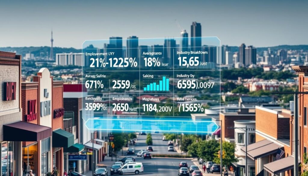 A detailed, data-driven visualization of the Dry Ridge, KY job market in 2025. A busy city street scene in the foreground, with various businesses and storefronts representing the local economy. In the middle ground, a holographic display hovers, showcasing employment statistics, average salaries, and industry breakdowns for the region. The background features a panoramic view of the Dry Ridge skyline, with modern high-rise buildings and infrastructure reflecting the town's economic growth and development. The lighting is crisp and bright, conveying a sense of vibrancy and opportunity. The overall scene captures the dynamic, data-rich nature of the Dry Ridge job market in the near future.