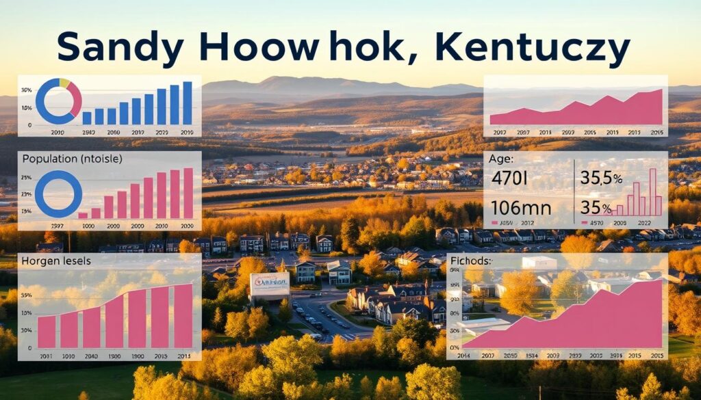 A detailed demographic analysis of Sandy Hook, Kentucky, captured in a striking visual. In the foreground, a series of charts and graphs showcasing the town's population statistics, income levels, and age distribution, rendered in a clean, data-driven style. In the middle ground, a panoramic view of the town, with neatly arranged residential areas and commercial districts, bathed in warm, golden afternoon light. In the background, rolling hills and lush, verdant landscapes, conveying a sense of tranquility and small-town charm. The overall tone is professional, informative, and visually compelling, suitable for inclusion in a comprehensive cost-of-living guide.