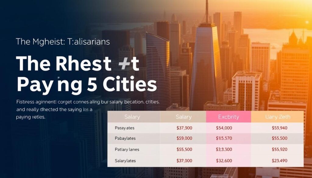 A sleek, data-driven visualization showcasing the comparative salaries of the highest-paying cities. A cityscape in the background, with skyscrapers and modern architecture bathed in warm, golden lighting. In the foreground, a sophisticated infographic panel presenting salary figures for key metropolitan areas, using clean typography and vibrant color-coding to highlight the differences. The overall mood is one of professional authority and financial acumen, conveying the essential information needed to understand regional salary trends at a glance.