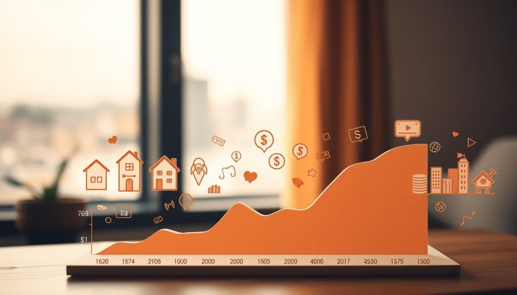 A stylish data visualization depicting household income statistics in a warm, inviting manner. The foreground features a clean, minimalist graph showcasing income distribution, with a sophisticated color palette of earth tones. The middle ground includes contextual icons and illustrations, such as houses, families, and financial symbols, all rendered in a soft, hand-drawn aesthetic. The background presents a softly blurred cityscape, hinting at the local community and economic landscape. Gentle lighting casts a cozy, natural glow, creating an atmosphere of informative clarity and approachability. The overall composition strikes a balance between analytical precision and visual harmony, making the data both informative and visually engaging.