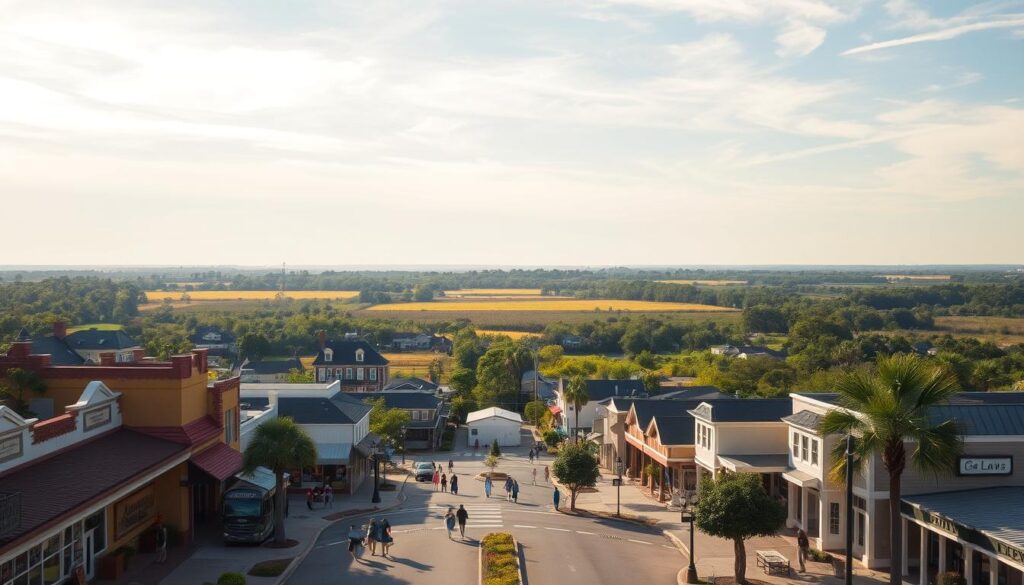 Average Salary in Rincon, GA: 2025 Cost of Living Guide 2 Rincon, Georgia in 2025: a vibrant southern town, its cost of living landscape unfolding. In the foreground, a bustling downtown strip, quaint shops and cafes lining the streets. Residents strolling, carrying groceries, pausing to window-shop. The middle ground reveals neatly manicured suburban neighborhoods, modest homes with well-tended yards. In the distance, the rolling hills of the Georgia Lowcountry, a patchwork of verdant forests and golden fields. Warm, diffused sunlight filters through wispy clouds, casting a gentle glow over the scene. An air of comfortable prosperity pervades, reflecting the balanced, affordable cost of living that defines this thriving community.