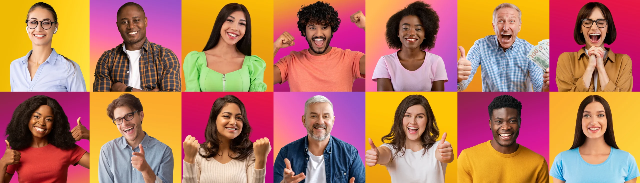 Home 54 happy emotions set cheerful multiethnic peoples portraits bright gradient backgrounds updated scaled