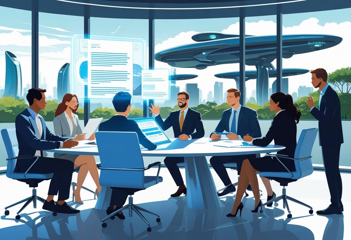 A group of business professionals discussing documents around a conference table with futuristic holographic displays in a modern office.