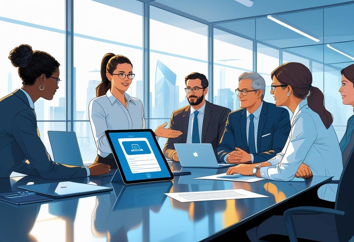 A group of professionals discussing job applications around a conference table in a modern office.