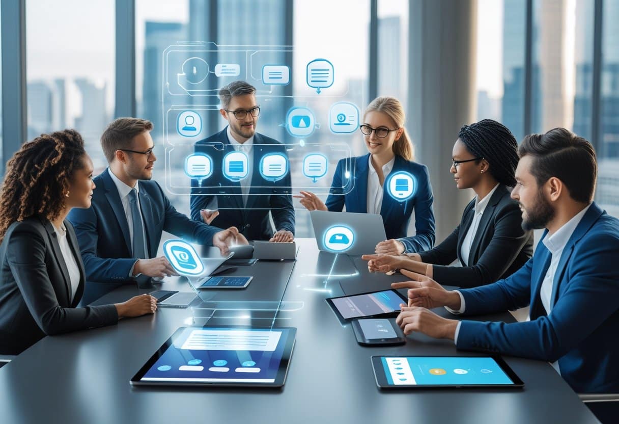 A group of professionals discussing digital documents and communication tools around a conference table in a modern office with a city view.