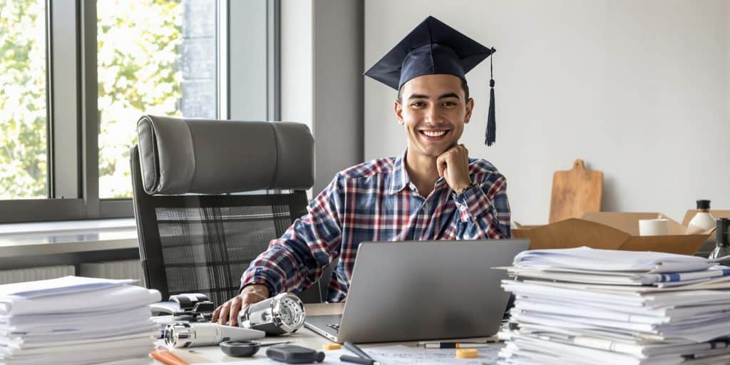 Young engineer at desk with resumes and blueprints