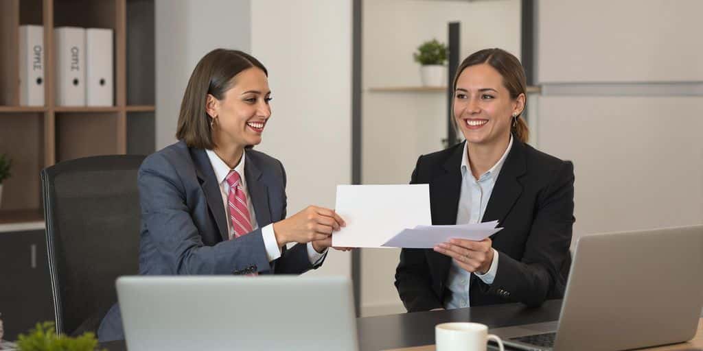 Two professionals exchange documents at a modern office desk.