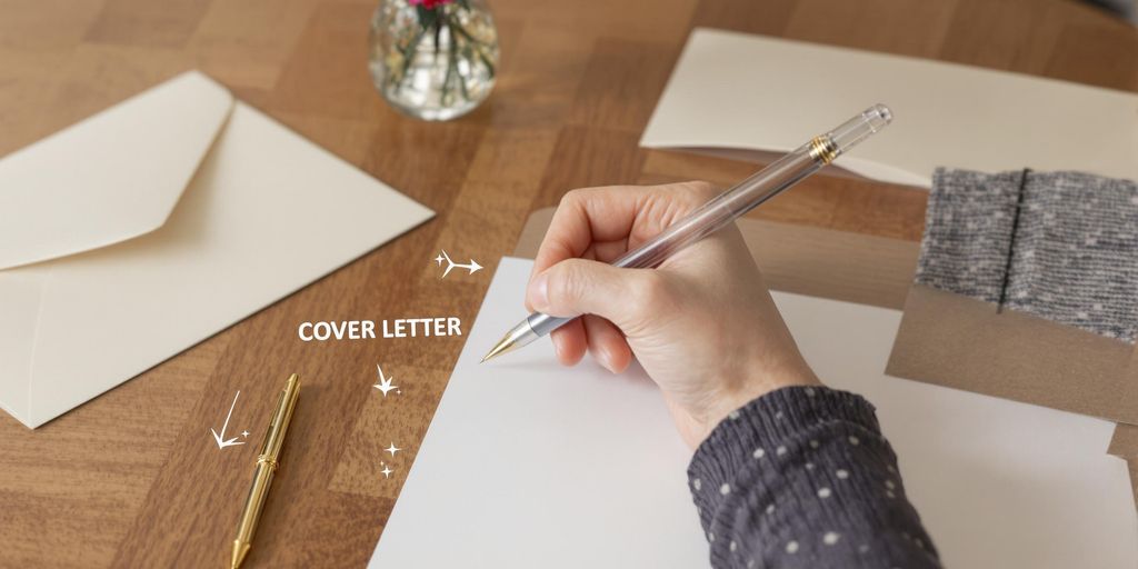 Hand holding pen above letter on desk with envelope.