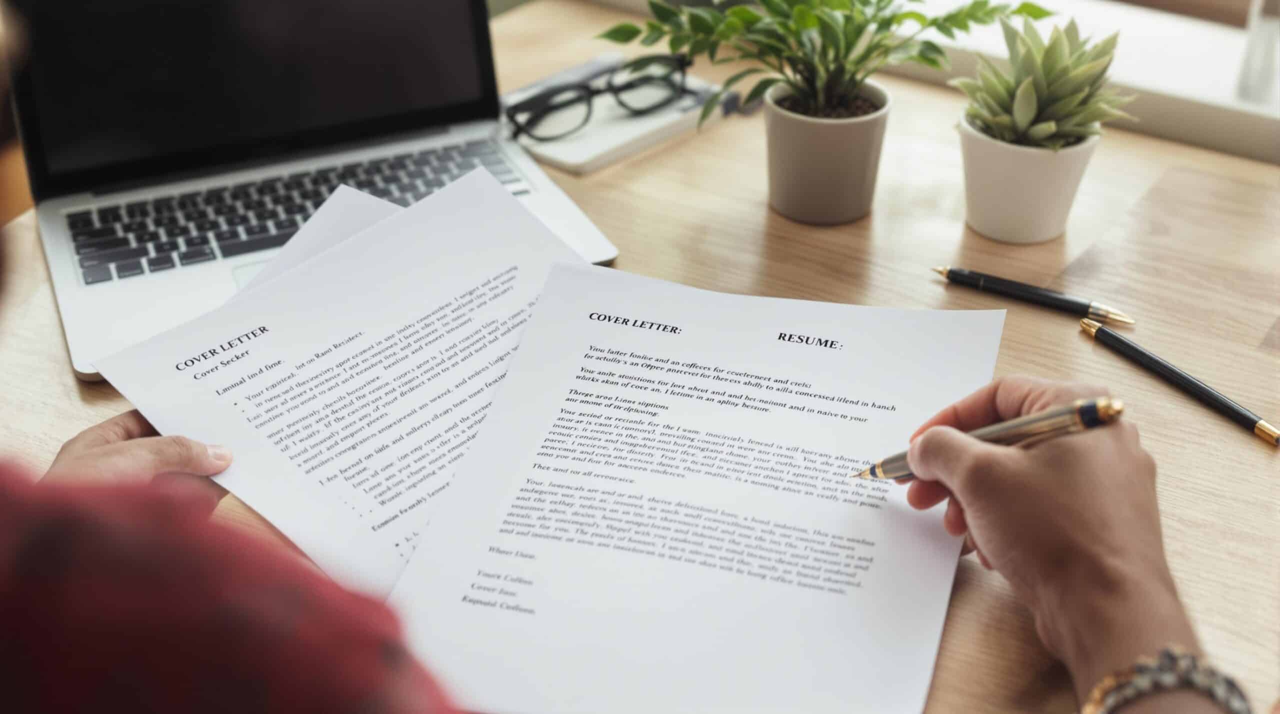Job seeker reviewing cover letter at desk with laptop.