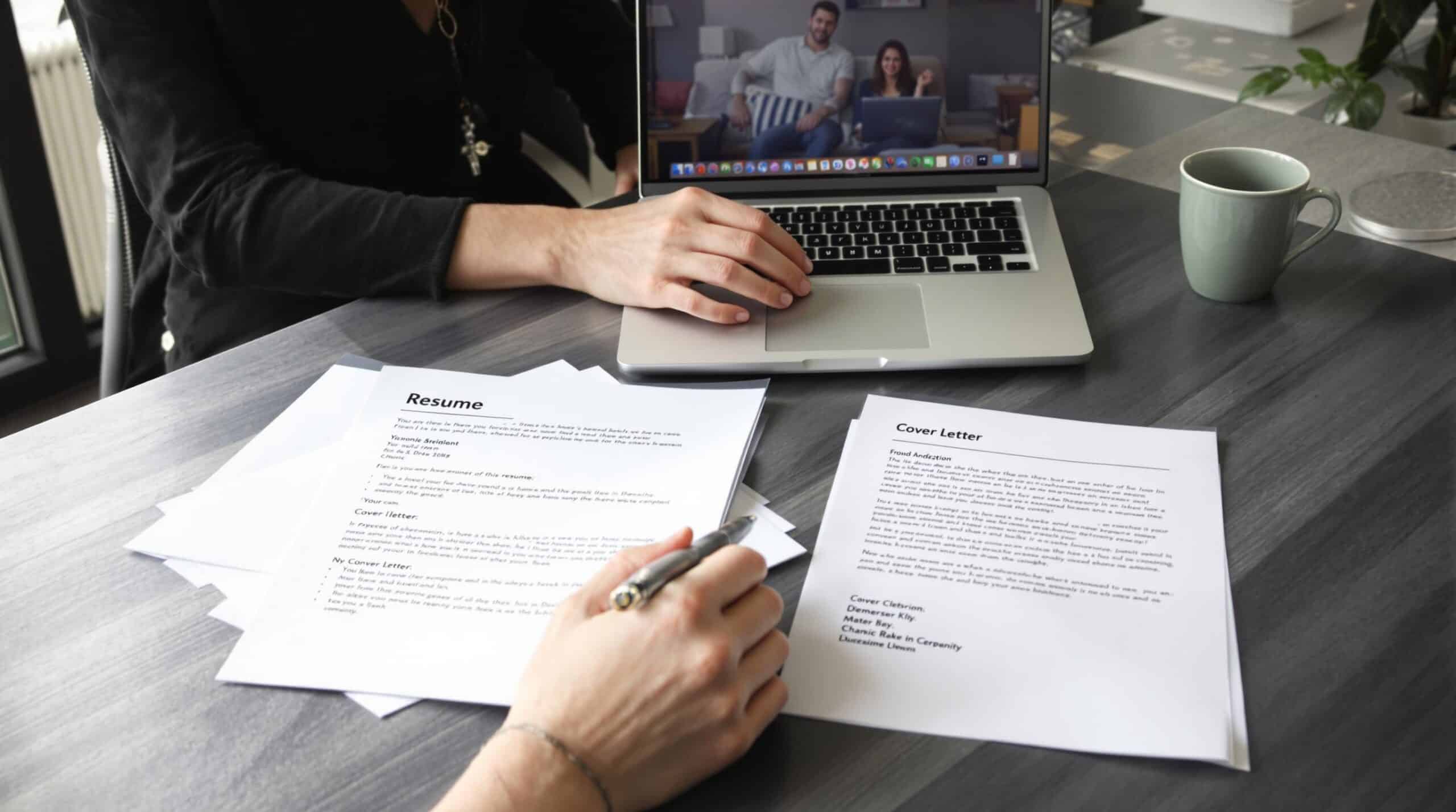 Person at desk with laptop, resume, and cover letter.