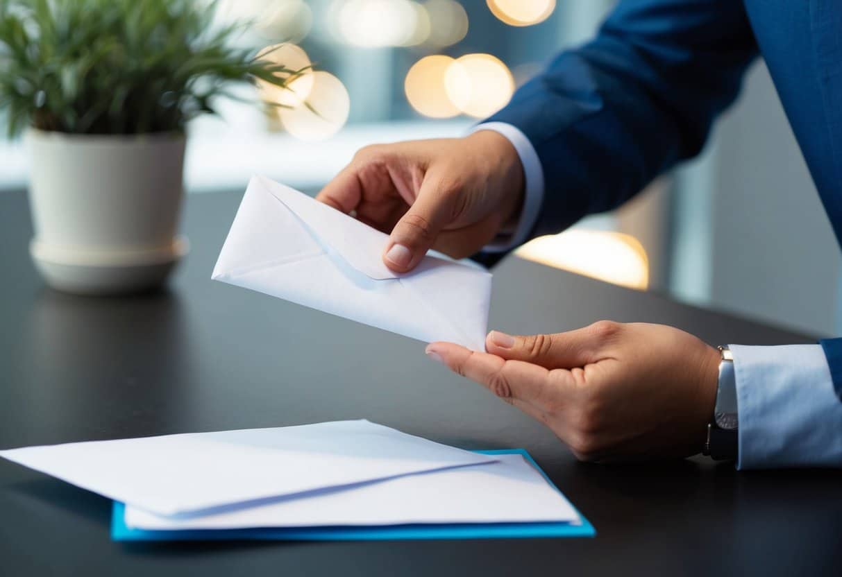 A hand placing a finished cover letter into an envelope