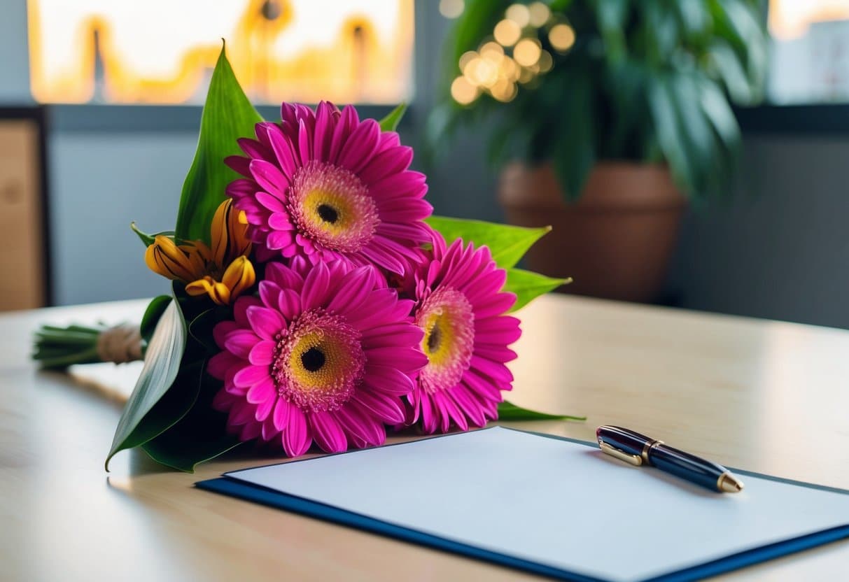 A bouquet of vibrant flowers placed next to a neatly folded cover letter on a desk. A pen sits nearby, ready to sign the letter