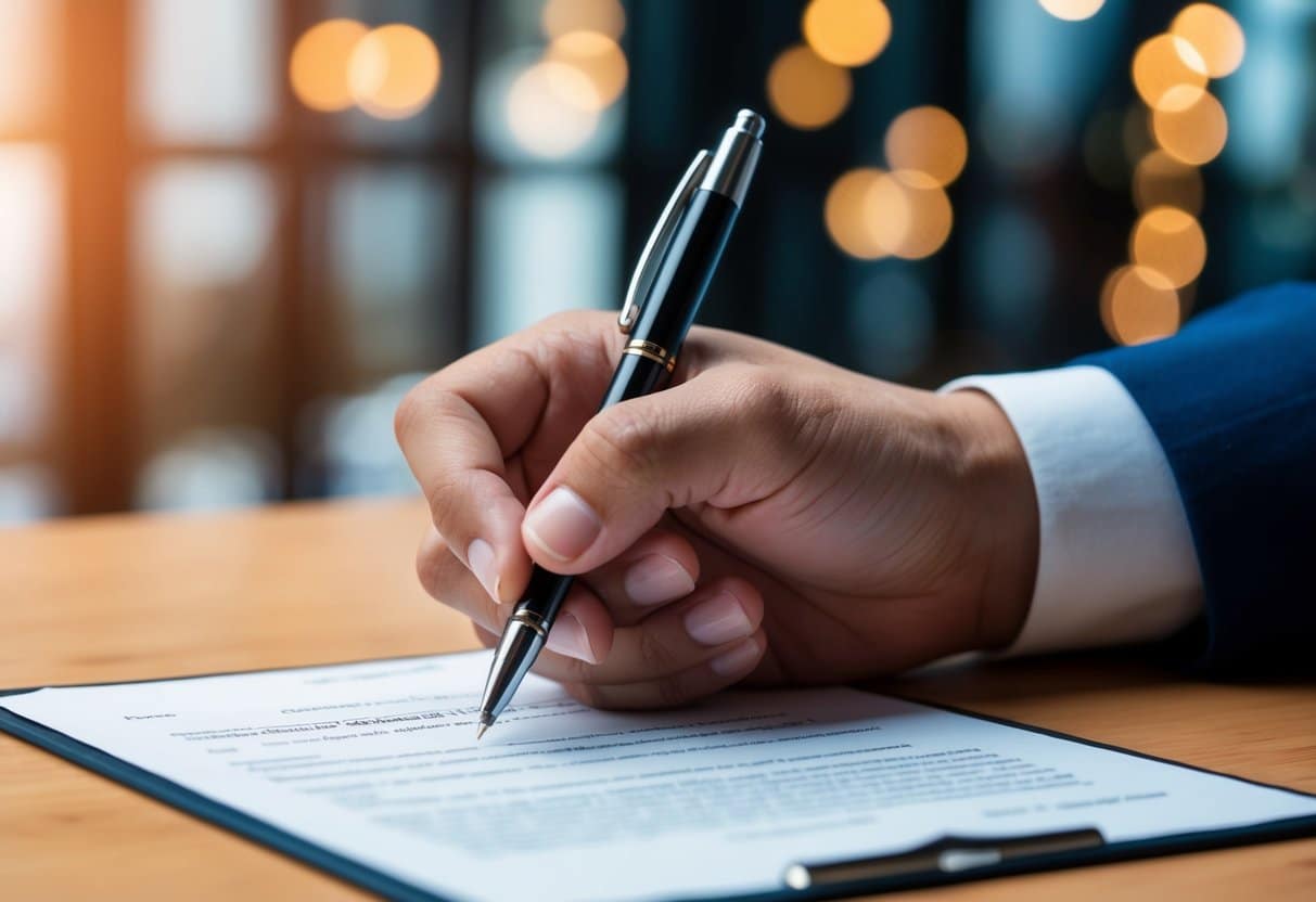 A hand reaching out with a pen, poised to sign a document