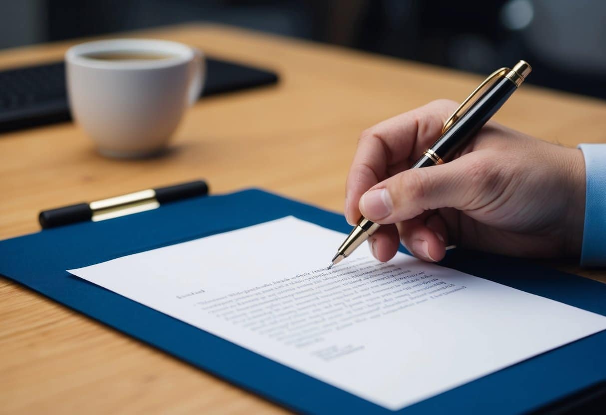 A hand holding a pen, adding final touches to a letter on a desk