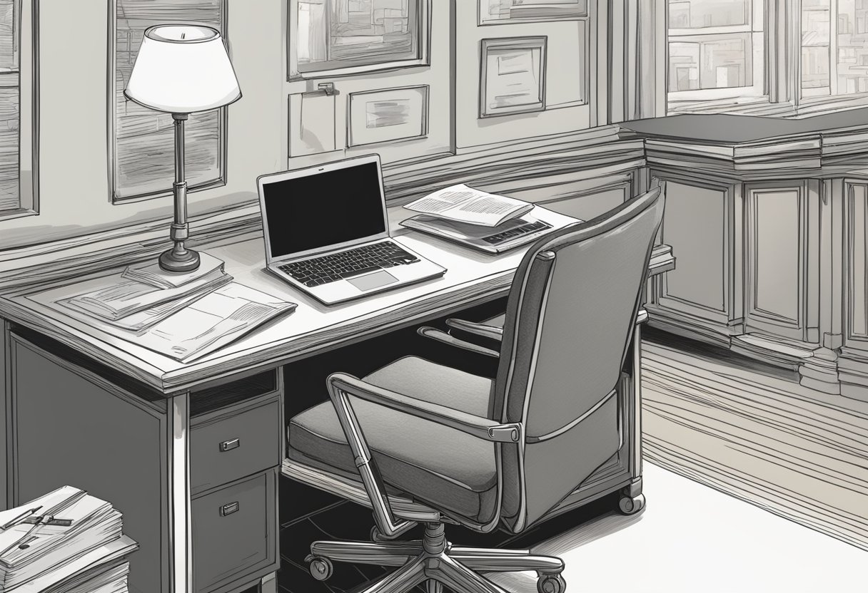 A desk with a pen, paper, and an open laptop. A chair pushed back, as if someone just stood up. A sense of finality in the air