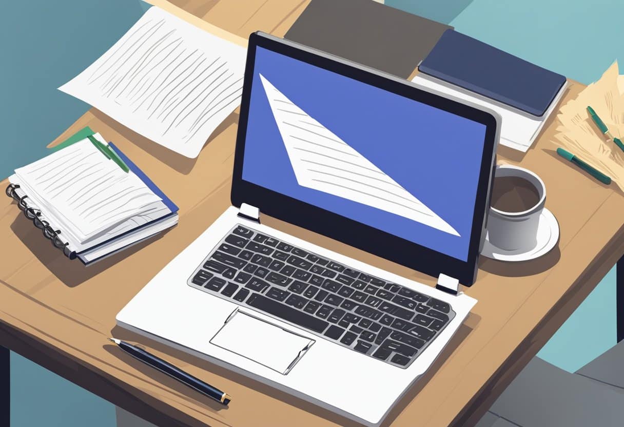 A desk with a pen, paper, and a laptop. A resignation letter is being written with a thoughtful expression