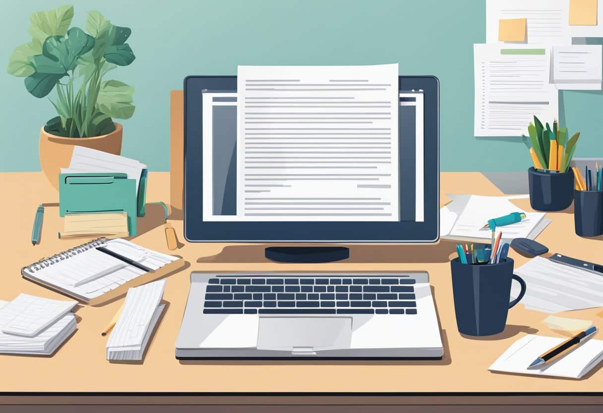 A neatly organized desk with a computer, pen, and paper. A resignation letter is being written with a serious expression