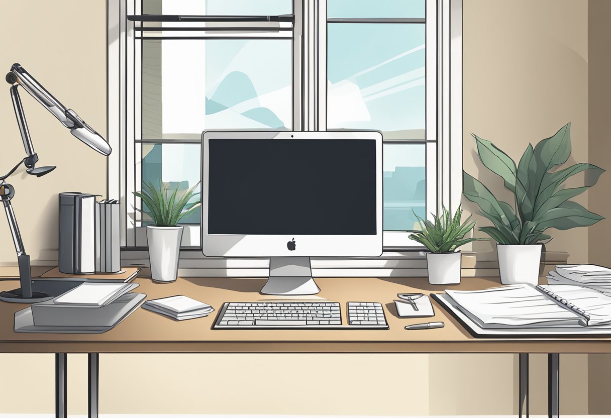 A desk with a neatly organized computer, a pen, and a blank sheet of paper. An open window lets in natural light, creating a calm and focused atmosphere