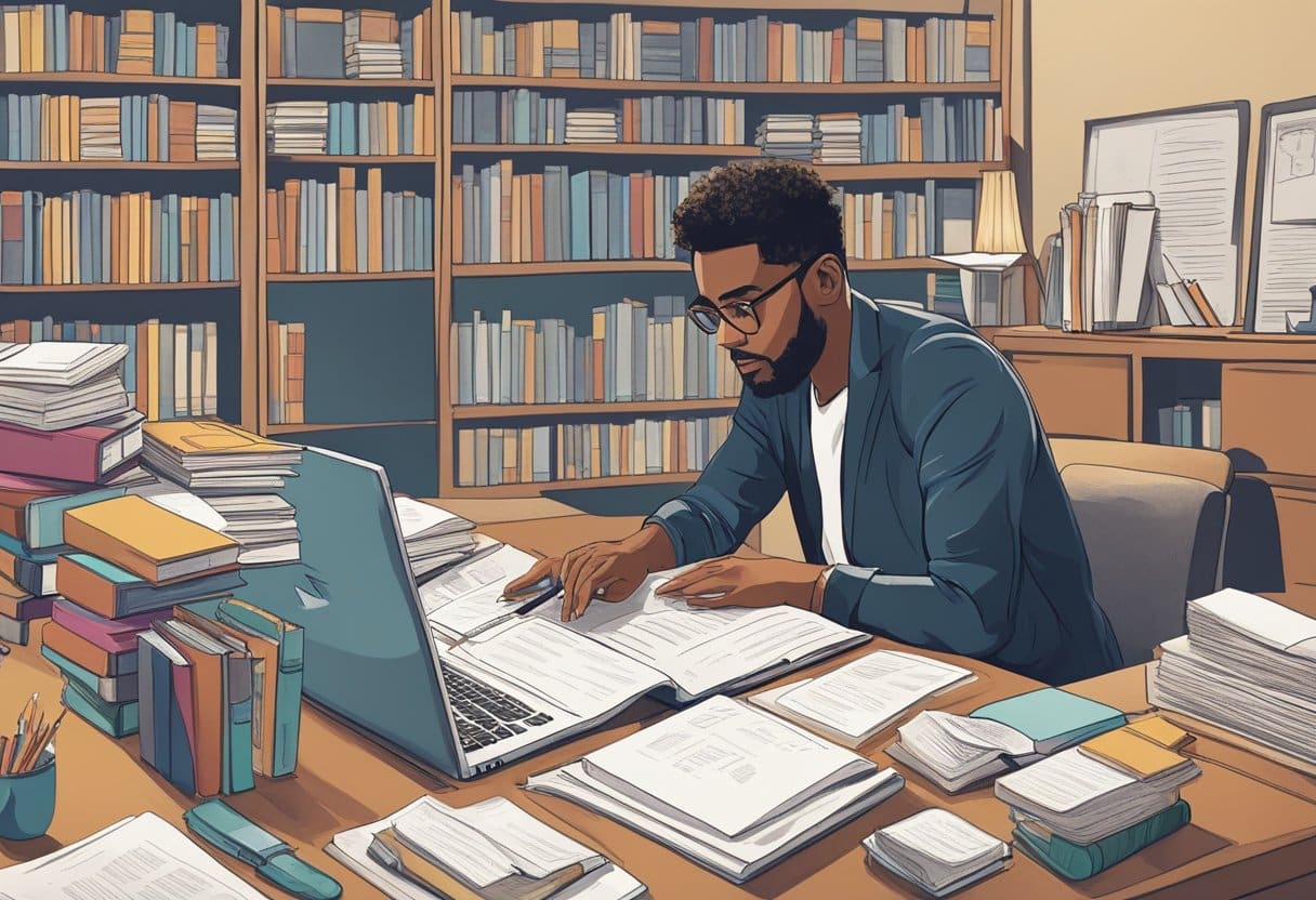 A person researching at a desk surrounded by books, a laptop, and notes. A mentor offers guidance in the background