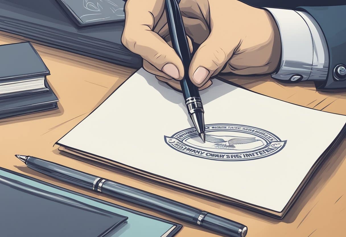 A hand holding a pen, signing a letter of intent, with a company logo in the background