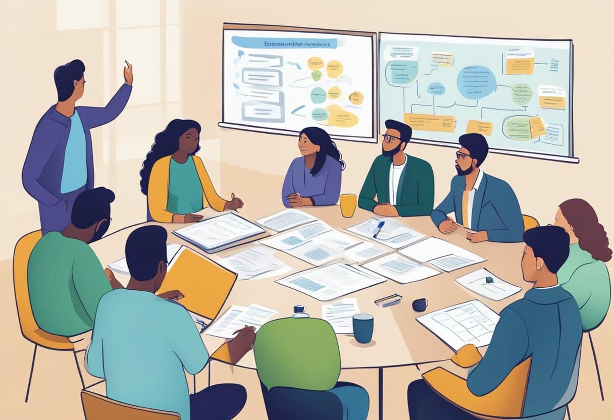 A group of diverse individuals gather around a table, brainstorming and collaborating on ideas for sustainable leadership initiatives. A whiteboard displays a list of key objectives and strategies