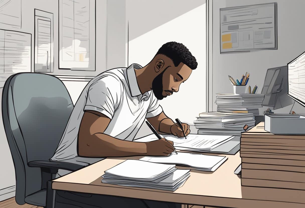 A person sitting at a desk, writing a motivation letter with a focused expression. The room is well-lit and organized, with a computer and reference materials nearby