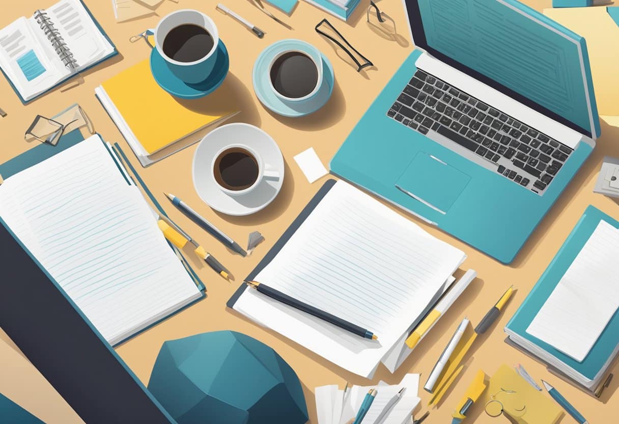 A motivation letter being carefully crafted on a desk, surrounded by reference materials and a laptop for formatting and layout considerations