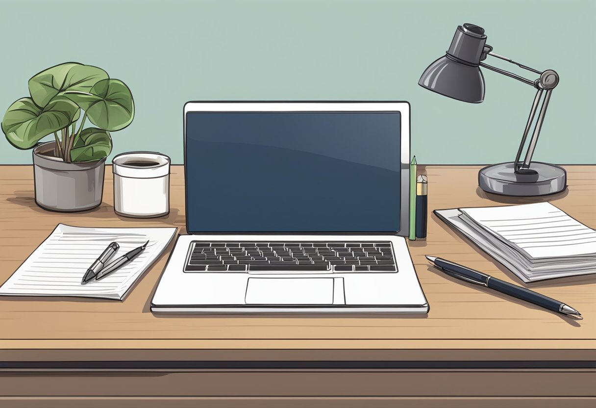 A desk with a laptop, pen, and paper. A professional-looking letter is visible on the desk