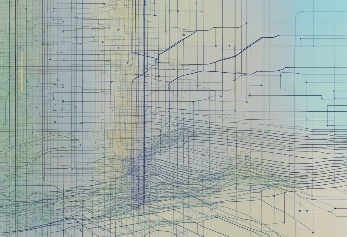 A computer screen displaying lines of code with a network diagram in the background