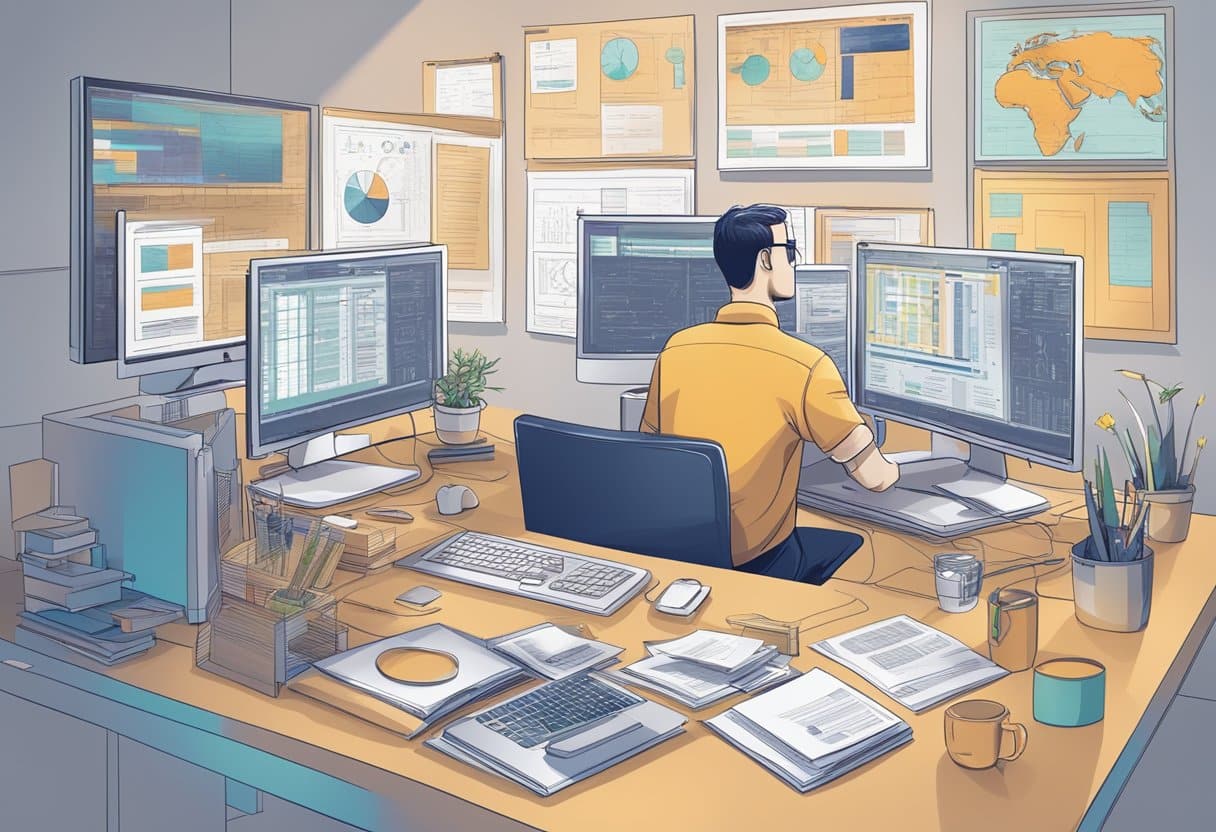 A person sitting at a computer, surrounded by technical manuals and diagrams, working on a complex IT engineering project