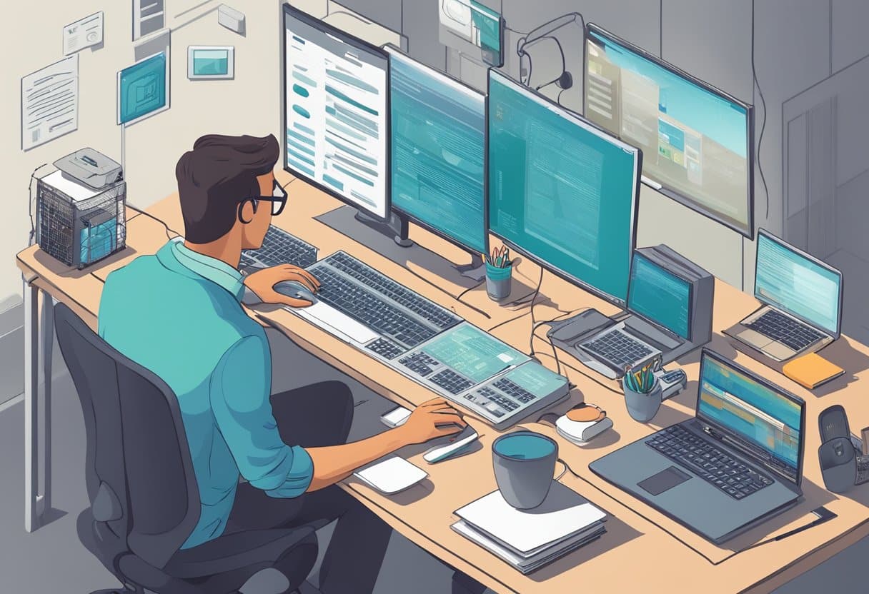 An IT engineer working at a desk, surrounded by computer equipment and technology. A cover letter with best practices, common mistakes, and examples displayed on the computer screen