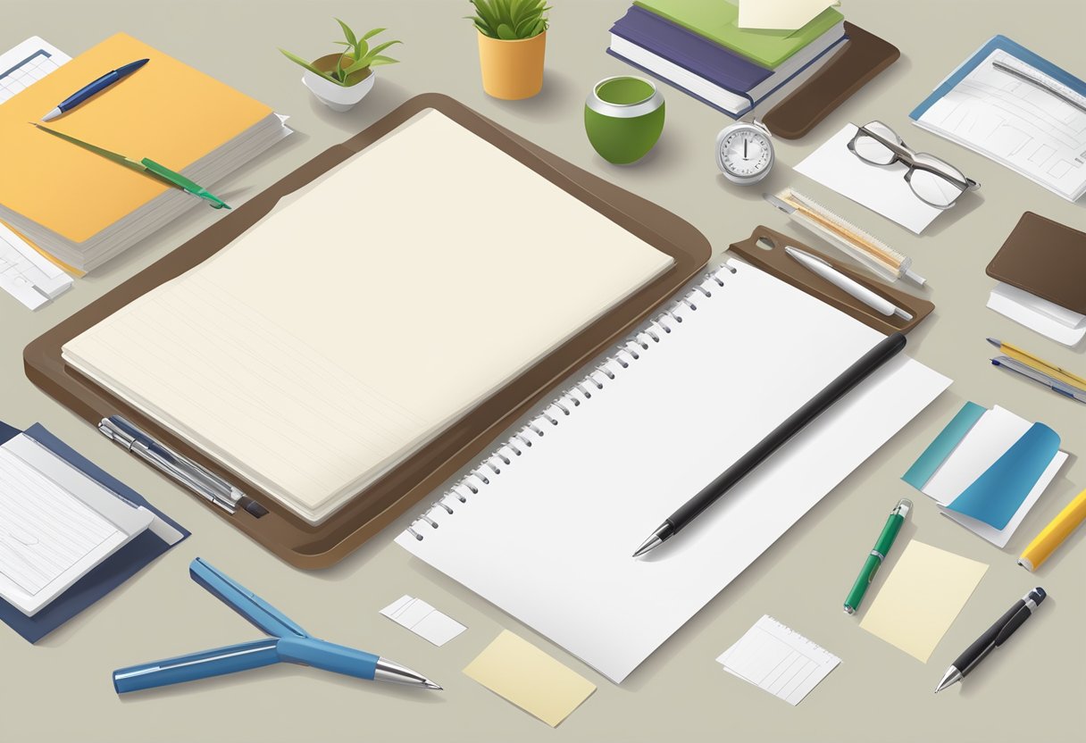 A neatly organized desk with a blank letterhead, pen, and ruler