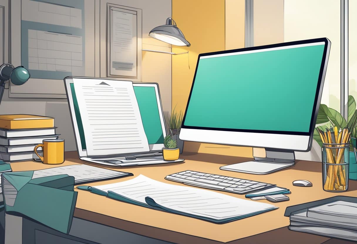 A neatly arranged desk with a computer, pen, and paper, surrounded by office supplies and a framed certificate on the wall