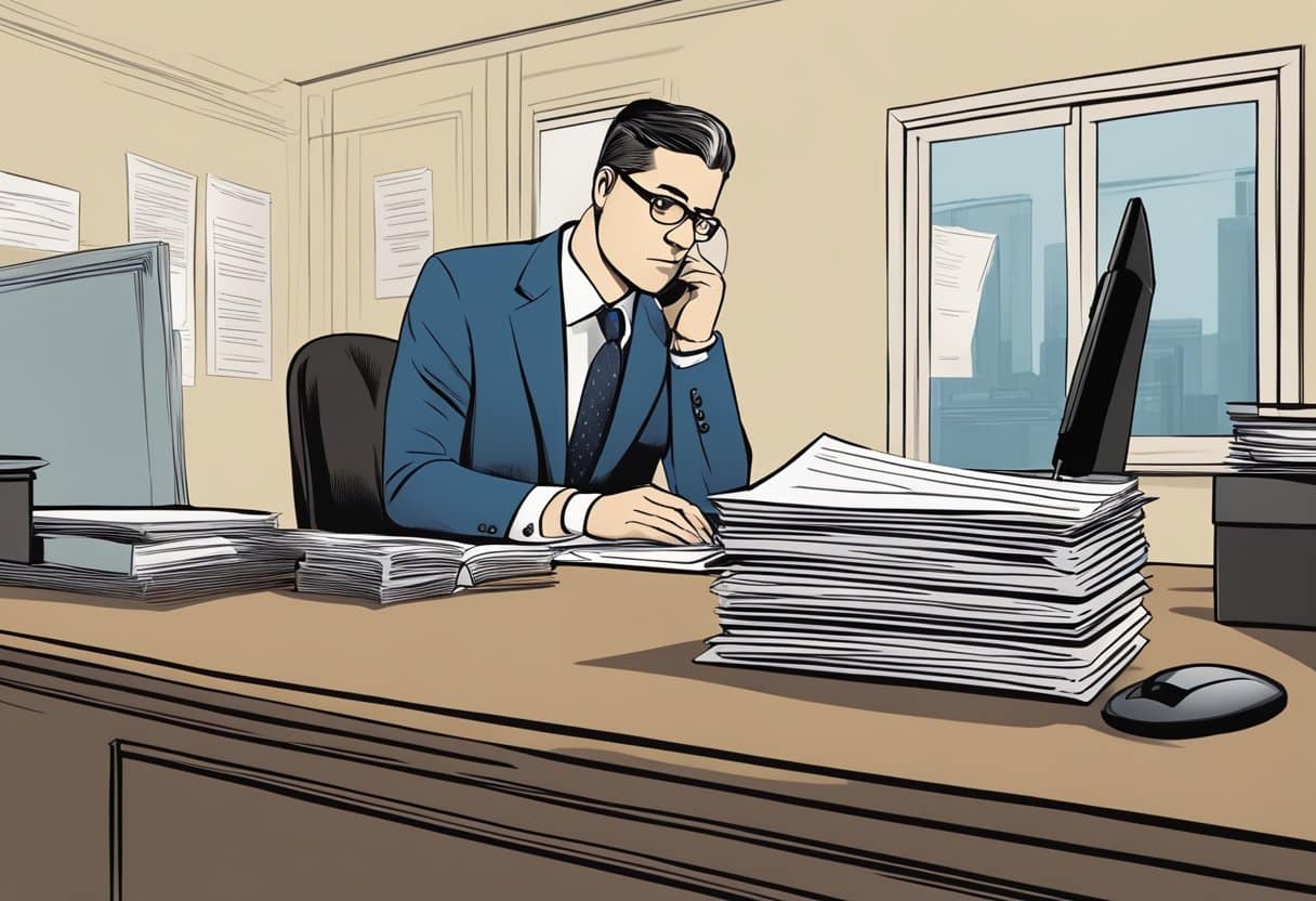 A stack of legal documents and a pen on a desk, with a serious-looking person in a suit consulting with an expert