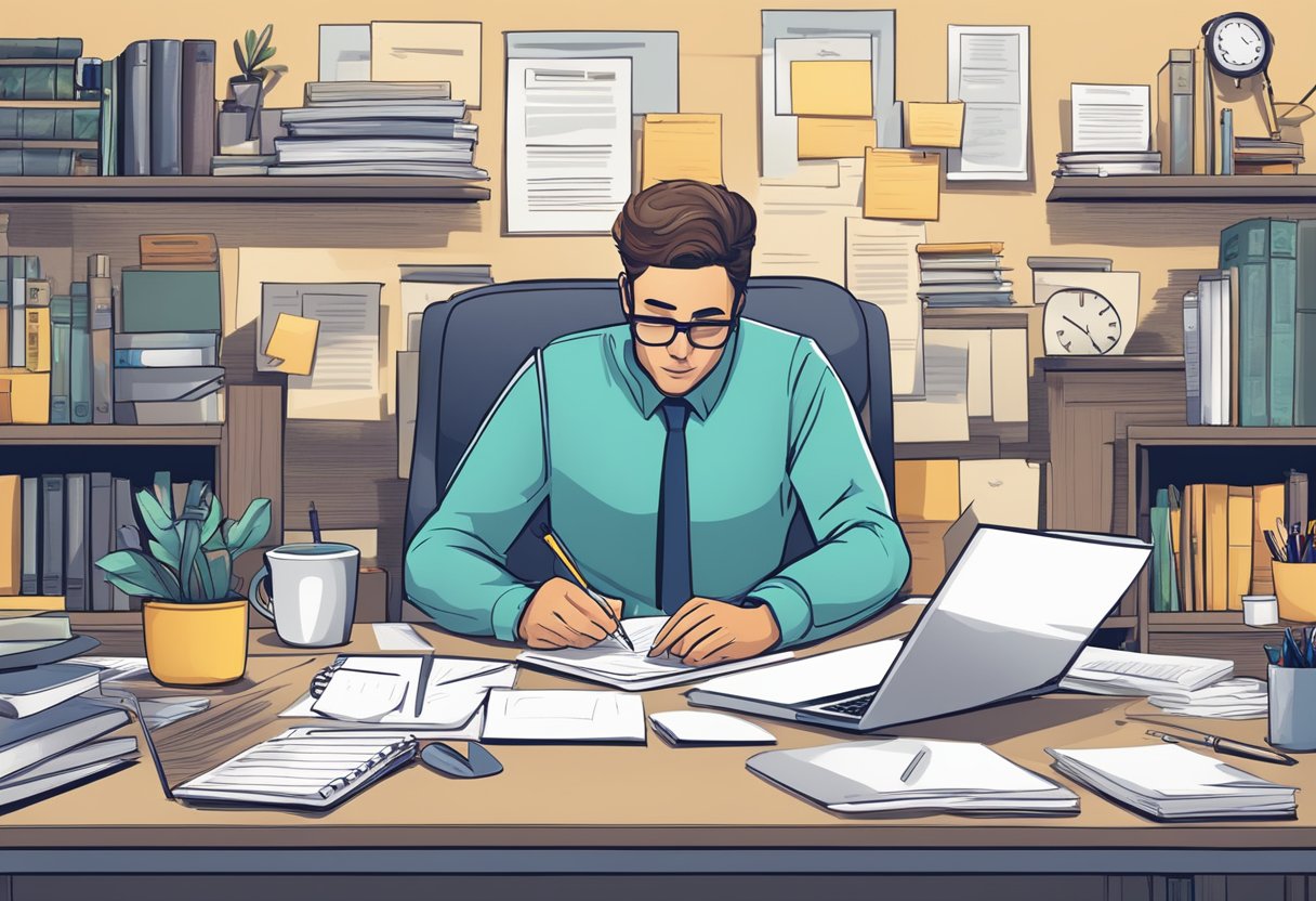 A person researching the company, taking notes, and drafting a letter of intent at a cluttered desk with a laptop and open job description
