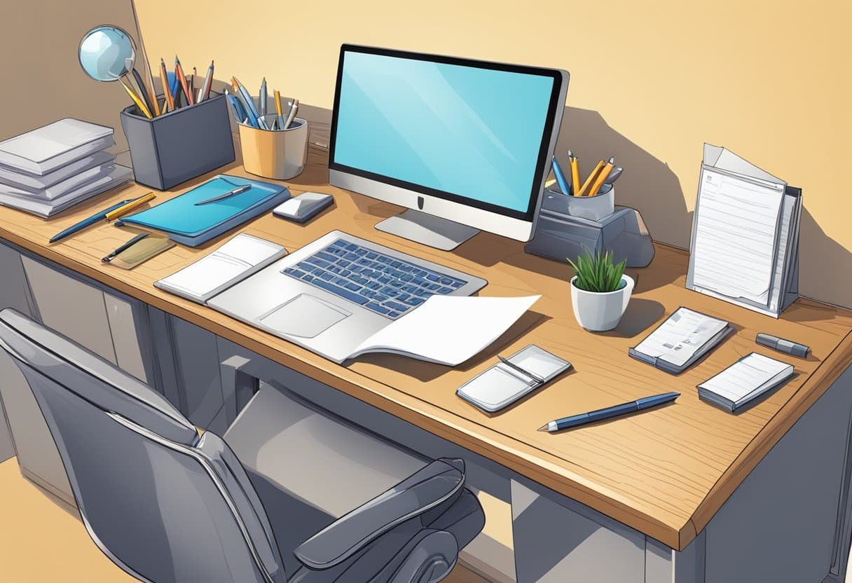 A desk with a letter and pen, surrounded by office supplies and a computer. A sense of anticipation and professionalism