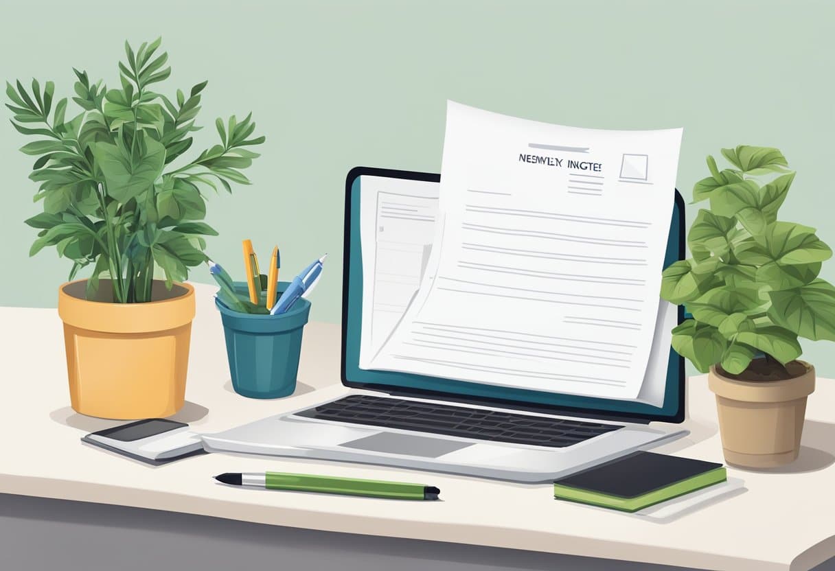 A desk with a neatly folded two weeks notice letter, a pen, and a potted plant