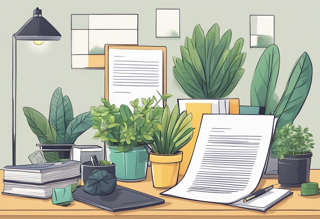 An open letter with a professional tone and positive language, surrounded by office supplies and a potted plant