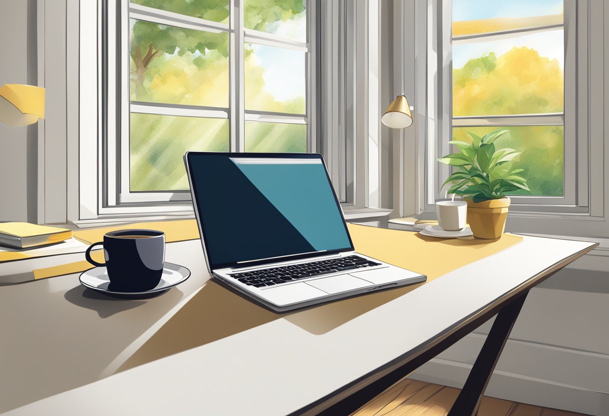 How to Begin a Cover Letter Effectively for Any Job Application 1 A desk with a laptop, notebook, and pen. A cup of coffee sits nearby. A window reveals a bright, sunny day