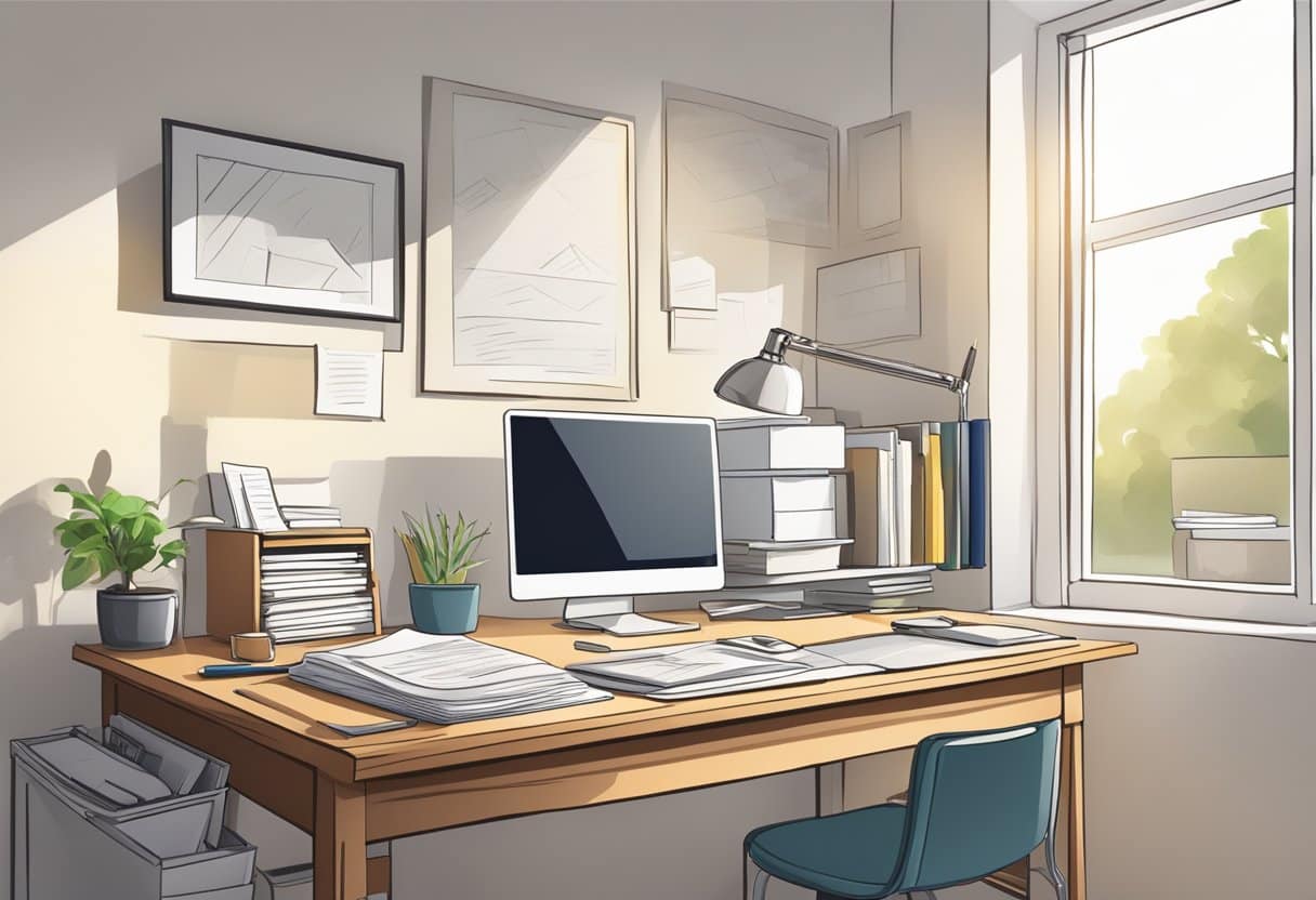 How to Begin a Cover Letter Effectively for Any Job Application 5 A desk with a computer, a neatly organized stack of papers, and a pen ready to write. An open window lets in natural light