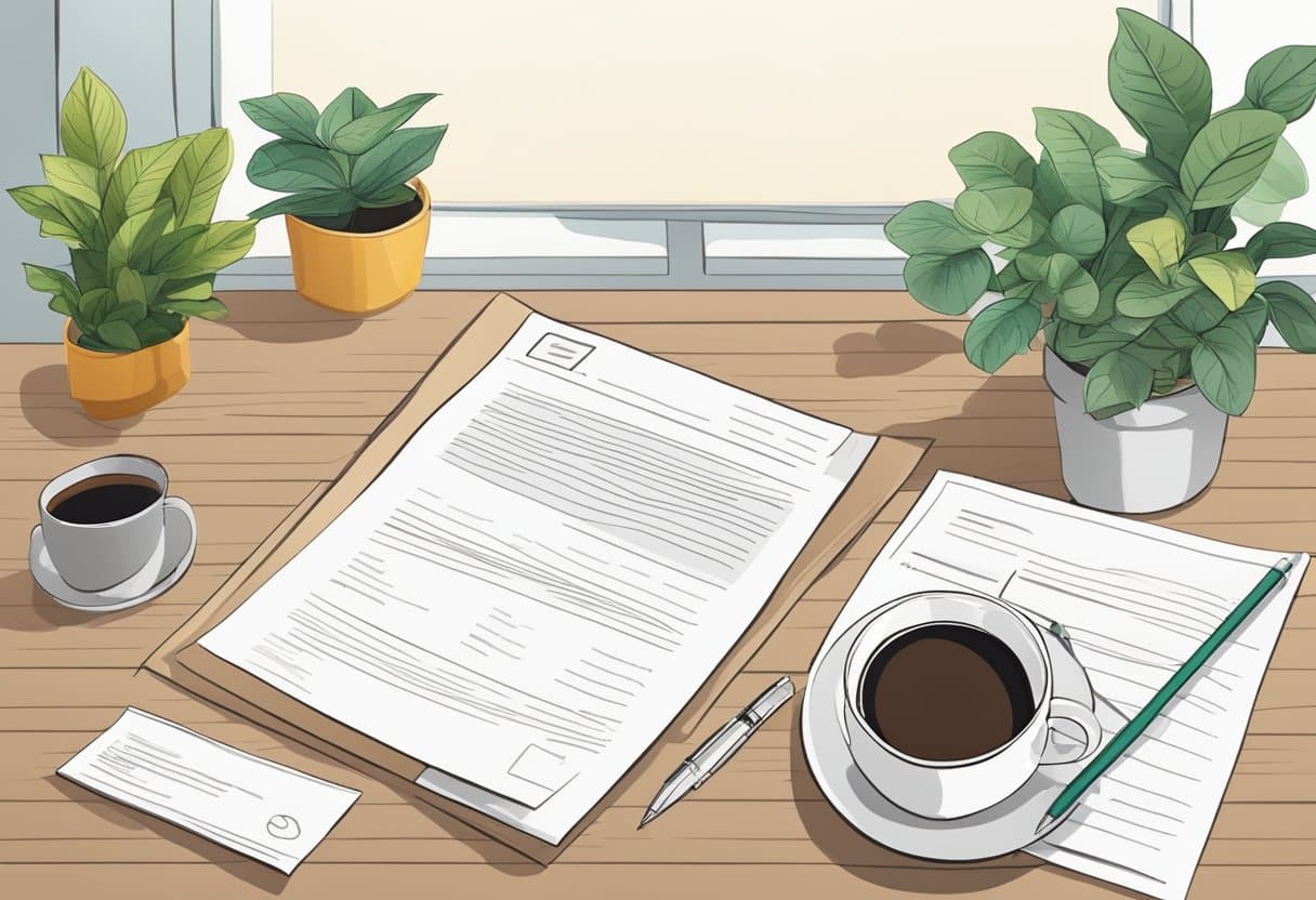 An open envelope with a resume and a handwritten letter on a desk, surrounded by a pen, a plant, and a cup of coffee