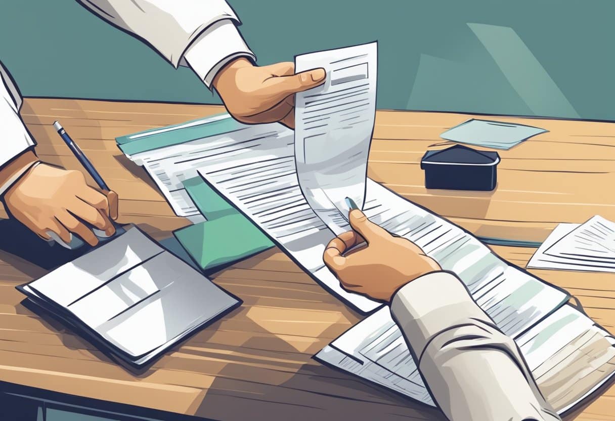A hand delivers a letter to a business office, where an employer reads it with interest
